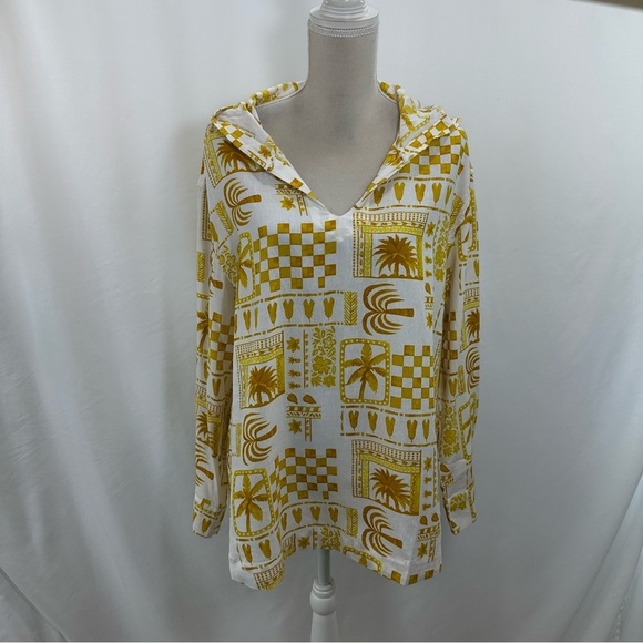 Jane and Delancey Tops - NWT Jane Delancey Hooded Tunic Womens Large Long Sleeve Yellow Print Linen Blend